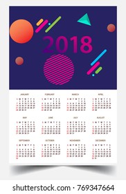 Calendar for 2018 on White Background. Week Starts Monday. Simple and colorful Vector Template