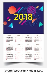 Calendar for 2018 on White Background. Week Starts Monday. Simple and colorful Vector Template