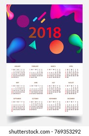 Calendar for 2018 on White Background. Week Starts Monday. Simple and colorful Vector Template