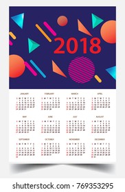 Calendar for 2018 on White Background. Week Starts Monday. Simple and colorful Vector Template