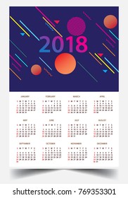 Calendar for 2018 on White Background. Week Starts Monday. Simple and colorful Vector Template