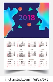 Calendar for 2018 on White Background. Week Starts Monday. Simple and colorful Vector Template