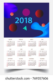 Calendar for 2018 on White Background. Week Starts Monday. Simple and colorful Vector Template
