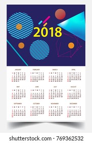 Calendar for 2018 on White Background. Week Starts Monday. Simple and colorful Vector Template