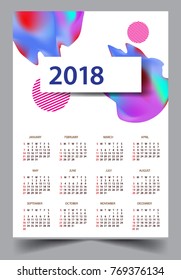 Calendar for 2018 on White Background. Week Starts Monday. Simple and colorful Vector Template