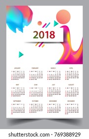 Calendar for 2018 on White Background. Week Starts Monday. Simple and colorful Vector Template