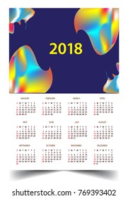 Calendar for 2018 on White Background. Week Starts Monday. Simple and colorful Vector Template