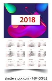 Calendar for 2018 on White Background. Week Starts Monday. Simple and colorful Vector Template