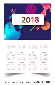 Calendar for 2018 on White Background. Week Starts Monday. Simple and colorful Vector Template