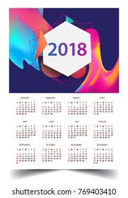 Calendar for 2018 on White Background. Week Starts Monday. Simple and colorful Vector Template
