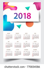 Calendar for 2018 on White Background. Week Starts Monday. Simple and colorful Vector Template