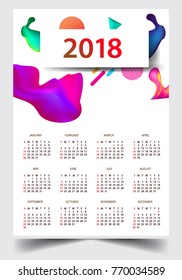 Calendar for 2018 on White Background. Week Starts Monday. Simple and colorful Vector Template