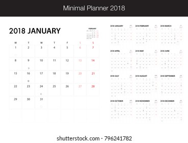 Calendar for 2018 on White Background for organization and business. Week Starts Monday. Minimal Planner with eclipse notification with note and copy space area. Simple Vector Template design. EPS10