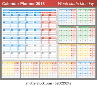 Calendar 2018, Planning calendar template January - December, week starts on Monday. Vector illustration.