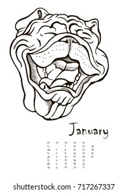 calendar for 2018 with portraits of dogs of different breeds, black and white graphic vector illustration