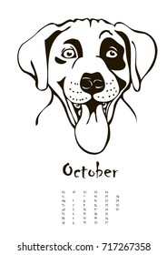 calendar for 2018 with portraits of dogs of different breeds, black and white graphic vector illustration