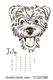 calendar for 2018 with portraits of dogs of different breeds, black and white graphic vector illustration