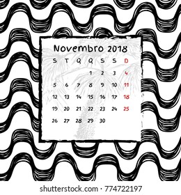Calendar 2018 - Portuguese and Brazilian Version - vector illustration with Ipanema pattern.