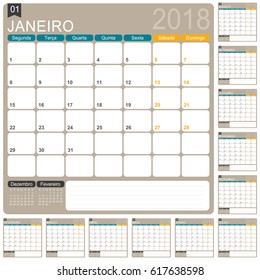 Calendar 2018, Portuguese calendar template for year 2018, set of 12 months, week starts on Monday, printable calendar templates, vector illustration