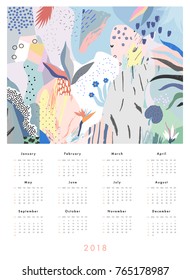 Calendar 2018. Printable creative floral template. Abstract modern art.