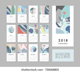 Calendar 2018. Printable creative template. Abstract modern art.