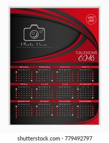 Calendar for 2018 red background. Design template with place for photo and week starts on monday