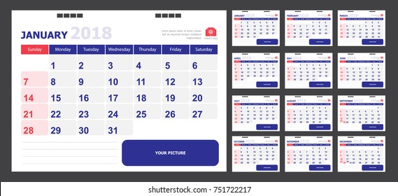 Calendar for 2018 red and blue background