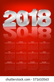 Calendar 2018 red colored happy new year holyday A format template with metal 3d numbers. Week starts from sunday. Vector A4 A3 A2 sizes compatible