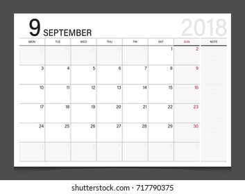 Calendar 2018 September week start on Monday corporate design template vector.