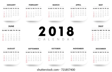 Calendar 2018 with shadow angles. Weeks start with Sunday. Vector illustration.