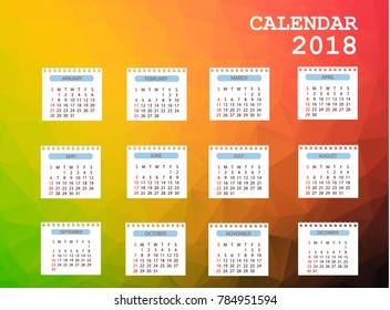 Calendar 2018. Simple Colorful Gradient low poly calendar template in polygon design background.