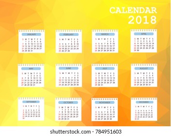 Calendar 2018. Simple Colorful Gradient low poly calendar template in polygon design background.