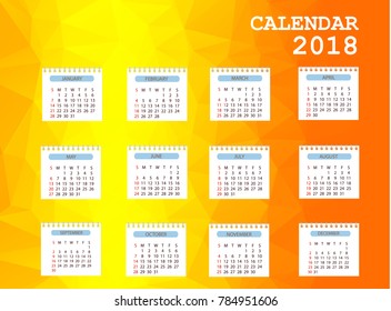 Calendar 2018. Simple Colorful Gradient low poly calendar template in polygon design background.