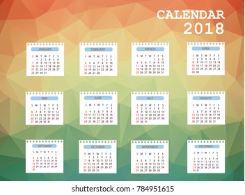 Calendar 2018. Simple Colorful Gradient low poly calendar template in polygon design background.
