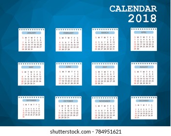Calendar 2018. Simple Colorful Gradient low poly calendar template in polygon design background.