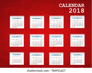 Calendar 2018. Simple Colorful Gradient low poly calendar template in polygon design background.
