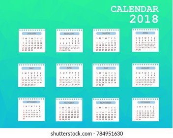 Calendar 2018. Simple Colorful Gradient low poly calendar template in polygon design background.