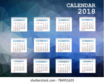Calendar 2018. Simple Colorful Gradient low poly calendar template in polygon design background.