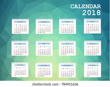 Calendar 2018. Simple Colorful Gradient low poly calendar template in polygon design background.
