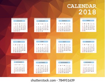 Calendar 2018. Simple Colorful Gradient low poly calendar template in polygon design background.