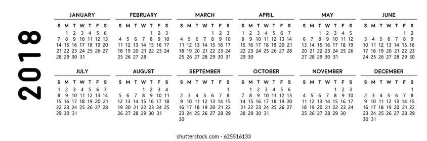 Calendar 2018, simple design. Editable vector file, eps10, isolated background.