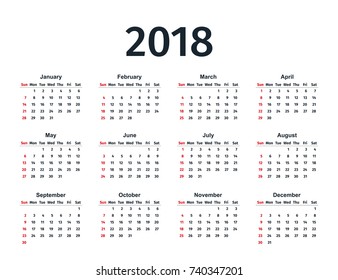 Calendar 2018 in simple style. Week starts Sunday. Vector. Stationery 2018 year template in minimal design. Yearly calendar organizer for weeks