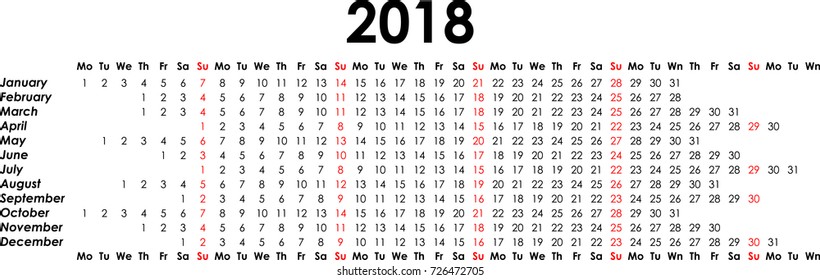Calendar 2018 single line stylisation. Vector Illustration.