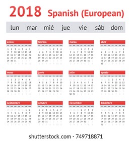 Calendario 2018 (España). Calendario Español Europeo. La semana empieza el lunes