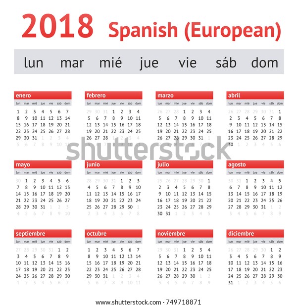 Calendar 18 Spain European Spanish Calendar Stock Vector Royalty Free