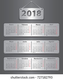 Calendar for 2018 in Spanish with attached metallic tablets. Vector illustration