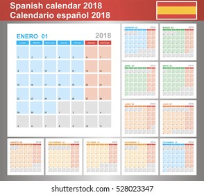 Calendar 2018, Spanish planning calendar template January - December, week starts on Monday. Vector illustration.