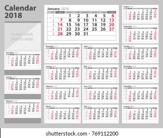 Calendar 2018 starting from Sunday. Vector illustration