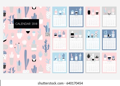 Calendar 2018. Stock vector. Fun and cute calendar with hand drawn succulents and cactus plants. Pink blue grey white
