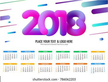 Calendar 2018 template with cool bubble numbers. The week starts from Monday. Vector illustration. A3 Landscape orientation.
